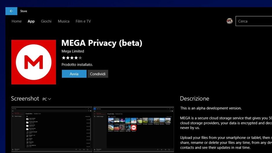 Anteprima italiana della nuova Universal App privata di MEGA per Windows 10 e Windows 10 Mobile